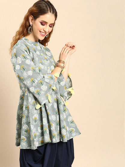 Women Grey  Printed Flared Floral Knitted Pure Cotton Kurti | LASVINI - Redefining Indian Fashion with Elegance