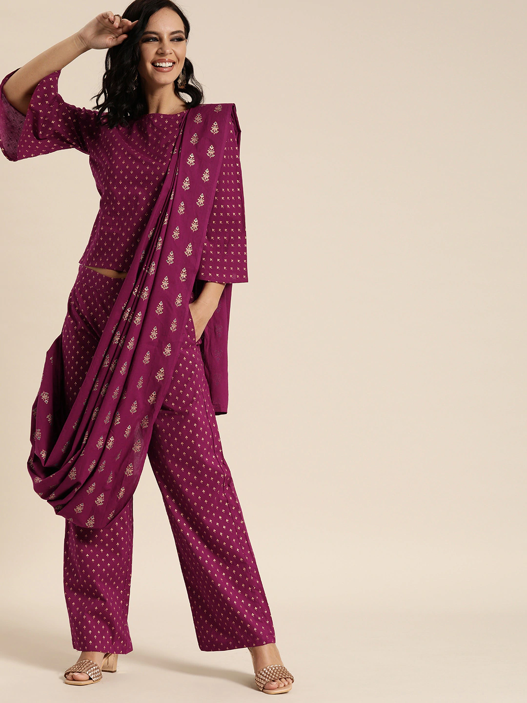 Women Wine Printed Palazzo Saree With Blouse | LASVINI - Redefining Indian Fashion with Elegance