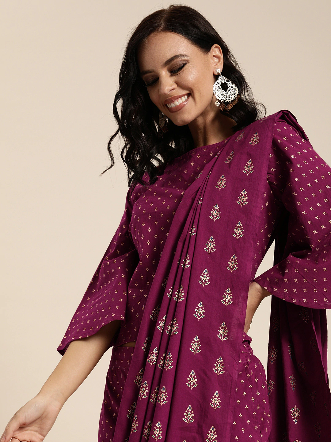 Women Wine Printed Palazzo Saree With Blouse | LASVINI - Redefining Indian Fashion with Elegance