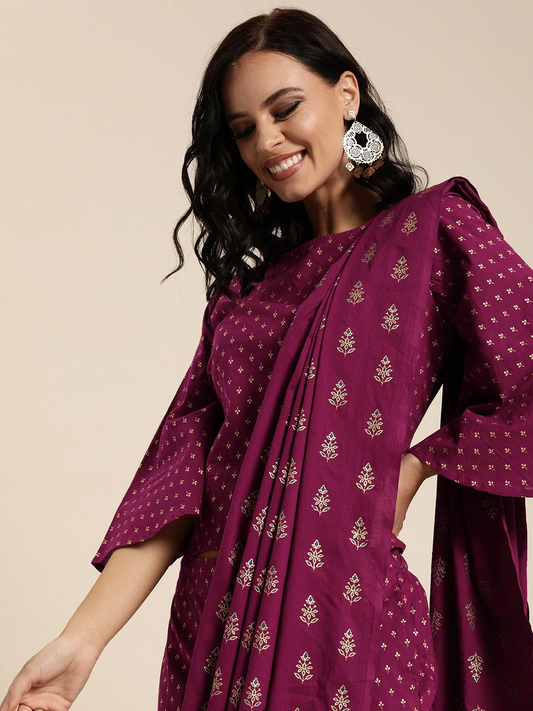 Women Wine Printed Palazzo Saree With Blouse | LASVINI - Redefining Indian Fashion with Elegance