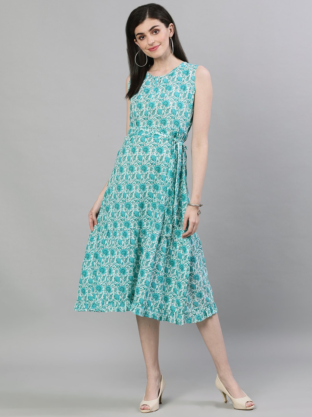 Women White Floral Printed Round Neck Cotton A-Line Dress | LASVINI - Redefining Indian Fashion with Elegance