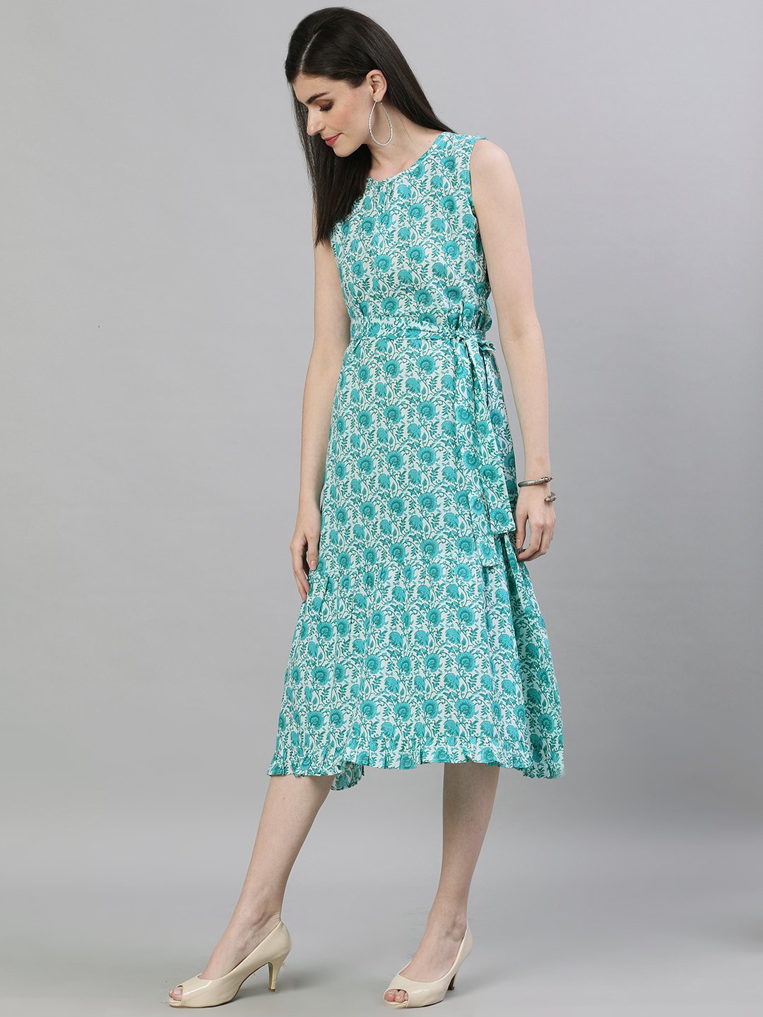 Women White Floral Printed Round Neck Cotton A-Line Dress | LASVINI - Redefining Indian Fashion with Elegance