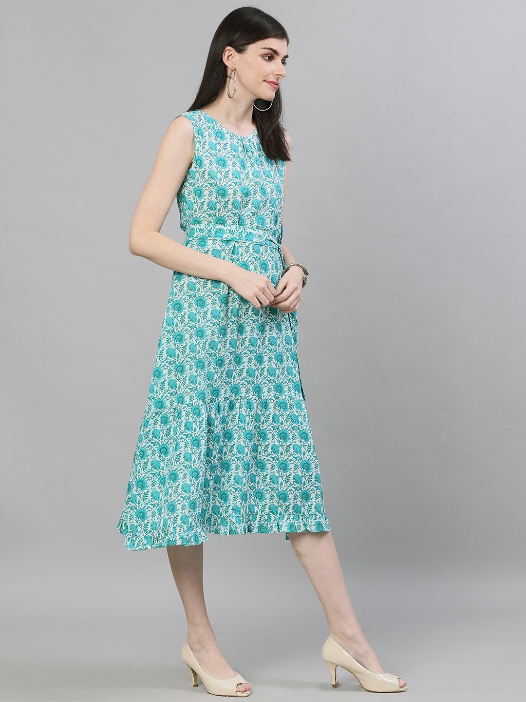 Women White Floral Printed Round Neck Cotton A-Line Dress | LASVINI - Redefining Indian Fashion with Elegance