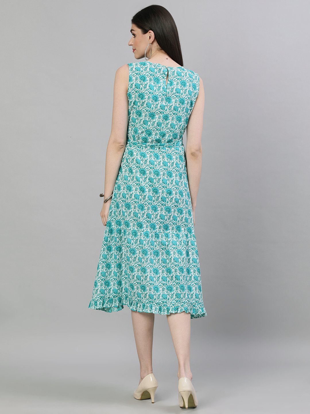 Women White Floral Printed Round Neck Cotton A-Line Dress | LASVINI - Redefining Indian Fashion with Elegance