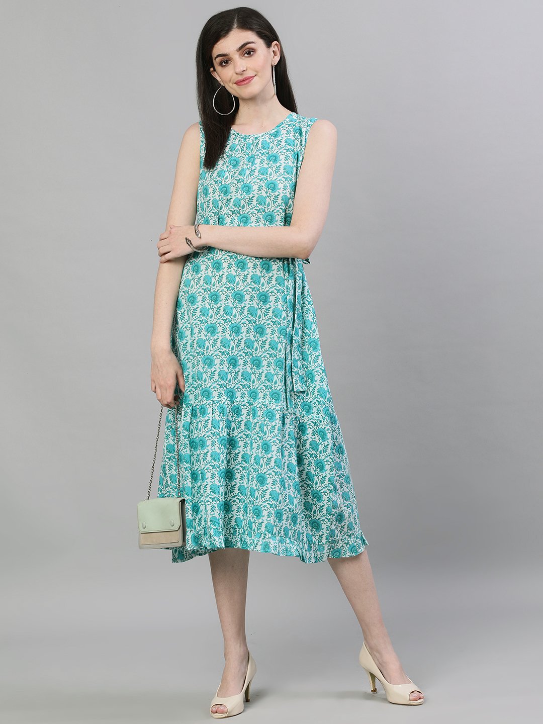 Women White Floral Printed Round Neck Cotton A-Line Dress | LASVINI - Redefining Indian Fashion with Elegance