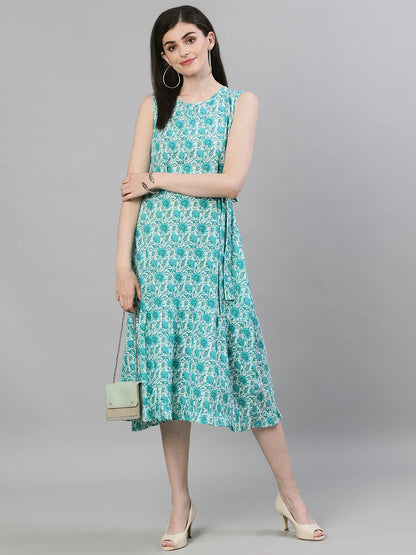 Women White Floral Printed Round Neck Cotton A-Line Dress | LASVINI - Redefining Indian Fashion with Elegance