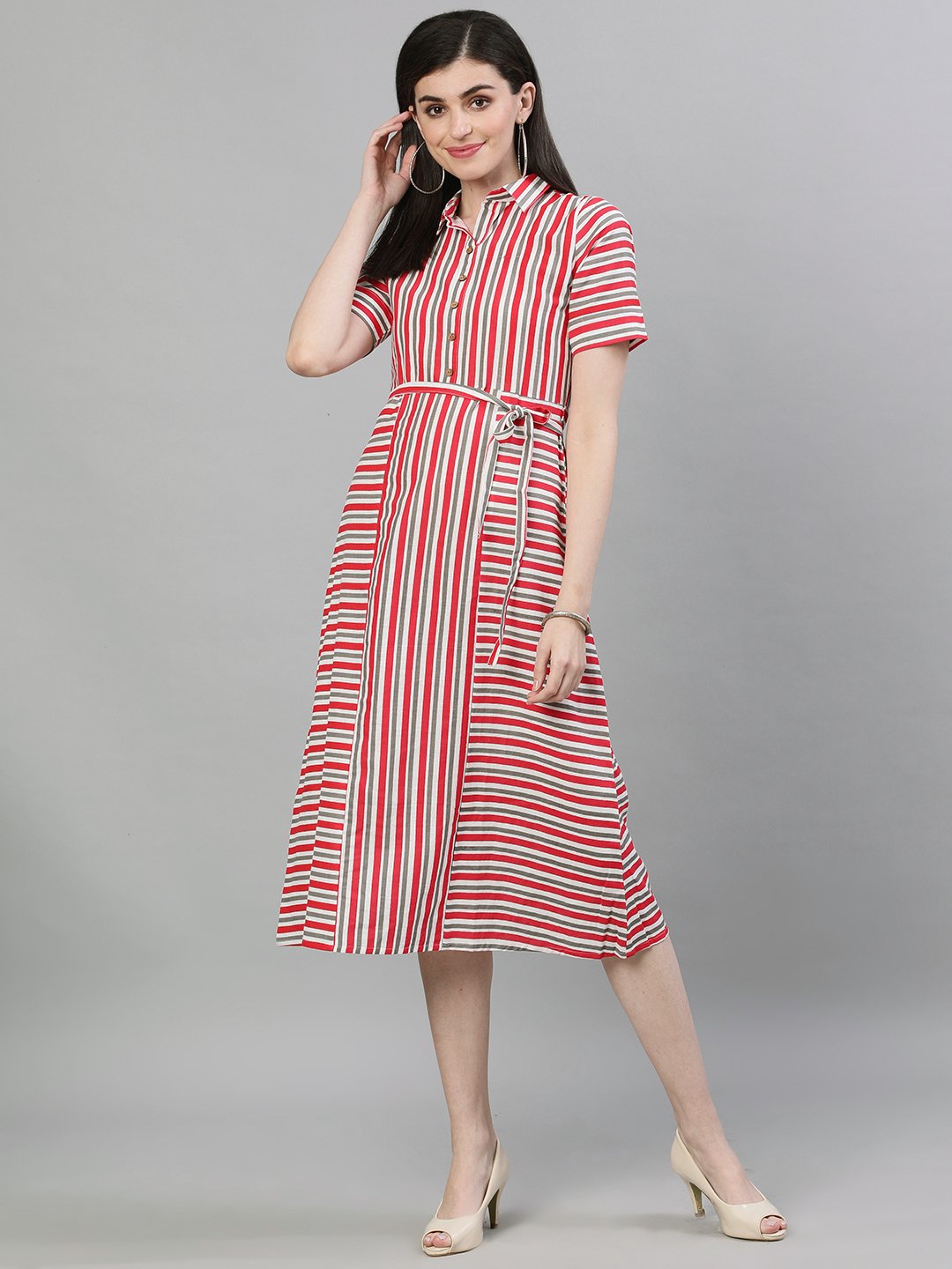 Women Red Striped Striped Shirt Collar Cotton A-Line Dress | LASVINI - Redefining Indian Fashion with Elegance