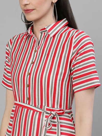 Women Red Striped Striped Shirt Collar Cotton A-Line Dress | LASVINI - Redefining Indian Fashion with Elegance