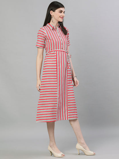 Women Red Striped Striped Shirt Collar Cotton A-Line Dress | LASVINI - Redefining Indian Fashion with Elegance