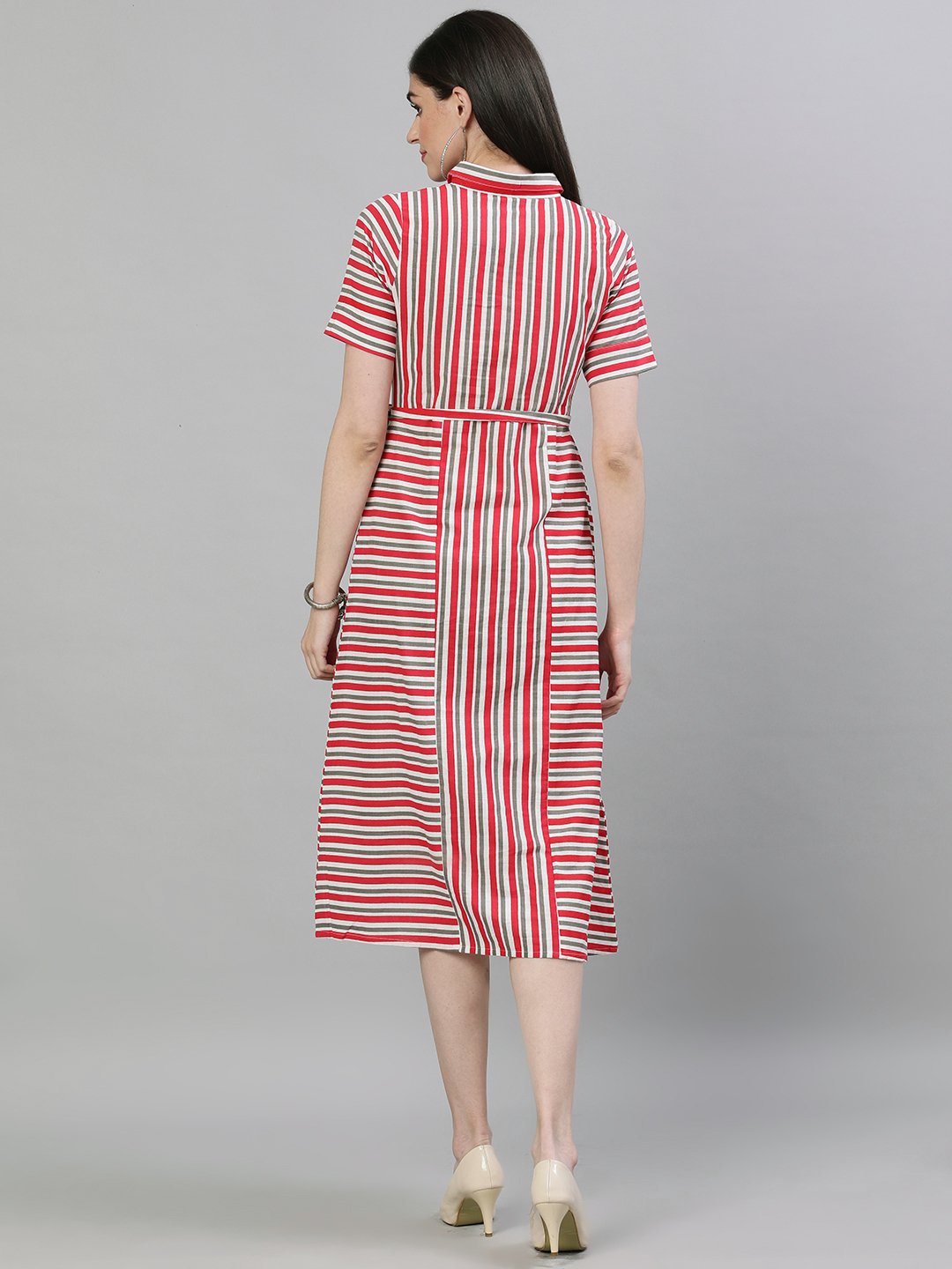Women Red Striped Striped Shirt Collar Cotton A-Line Dress | LASVINI - Redefining Indian Fashion with Elegance