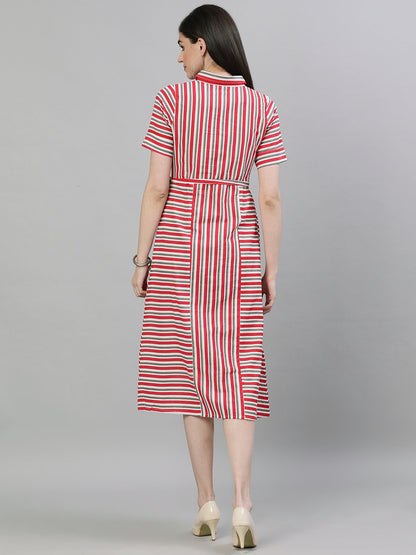 Women Red Striped Striped Shirt Collar Cotton A-Line Dress | LASVINI - Redefining Indian Fashion with Elegance