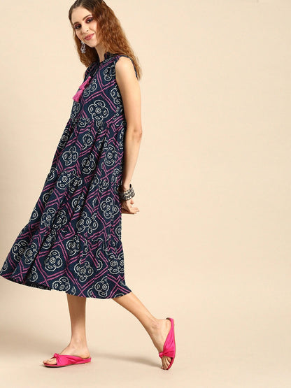 Women Indigo Blue Calf Length Sleeveless A-Line Bandhani Printed Cotton Kurta | LASVINI - Redefining Indian Fashion with Elegance