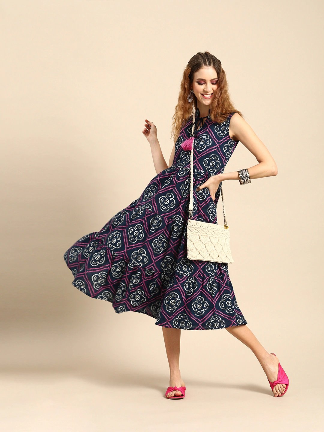 Women Indigo Blue Calf Length Sleeveless A-Line Bandhani Printed Cotton Kurta | LASVINI - Redefining Indian Fashion with Elegance