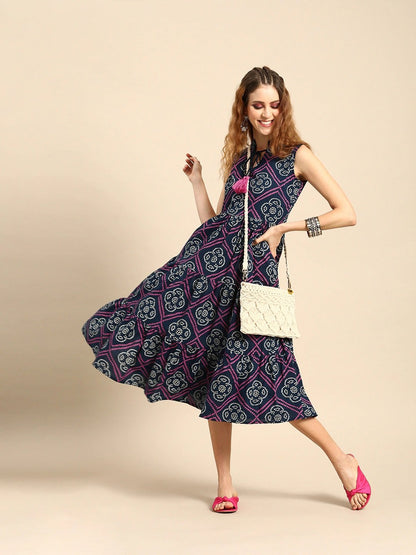 Women Indigo Blue Calf Length Sleeveless A-Line Bandhani Printed Cotton Kurta | LASVINI - Redefining Indian Fashion with Elegance