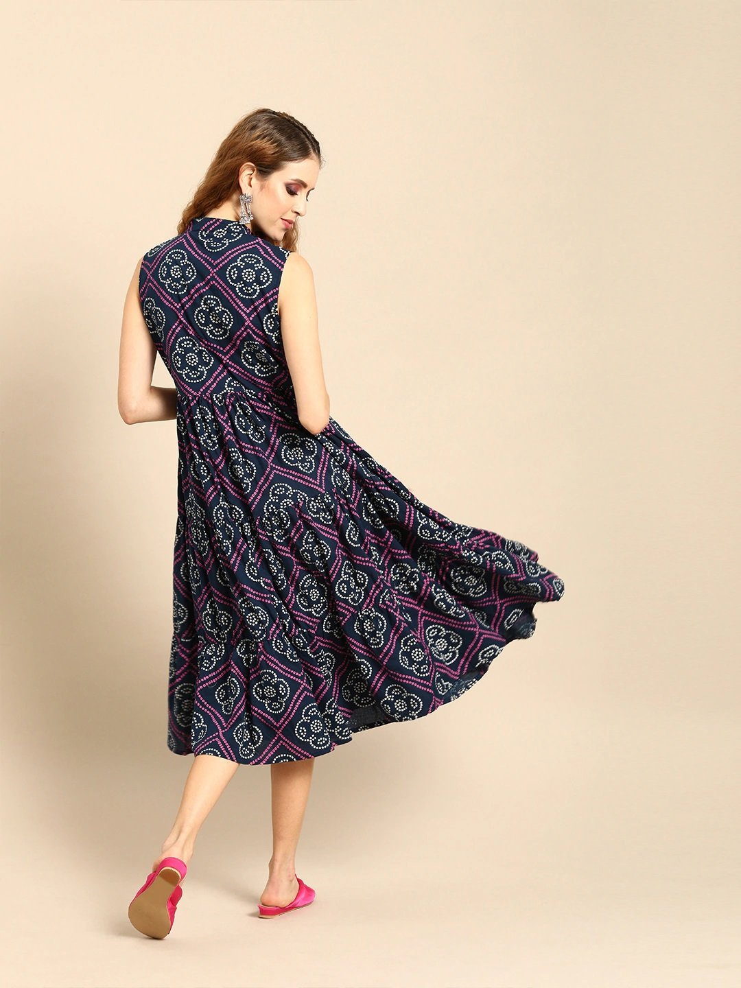 Women Indigo Blue Calf Length Sleeveless A-Line Bandhani Printed Cotton Kurta | LASVINI - Redefining Indian Fashion with Elegance