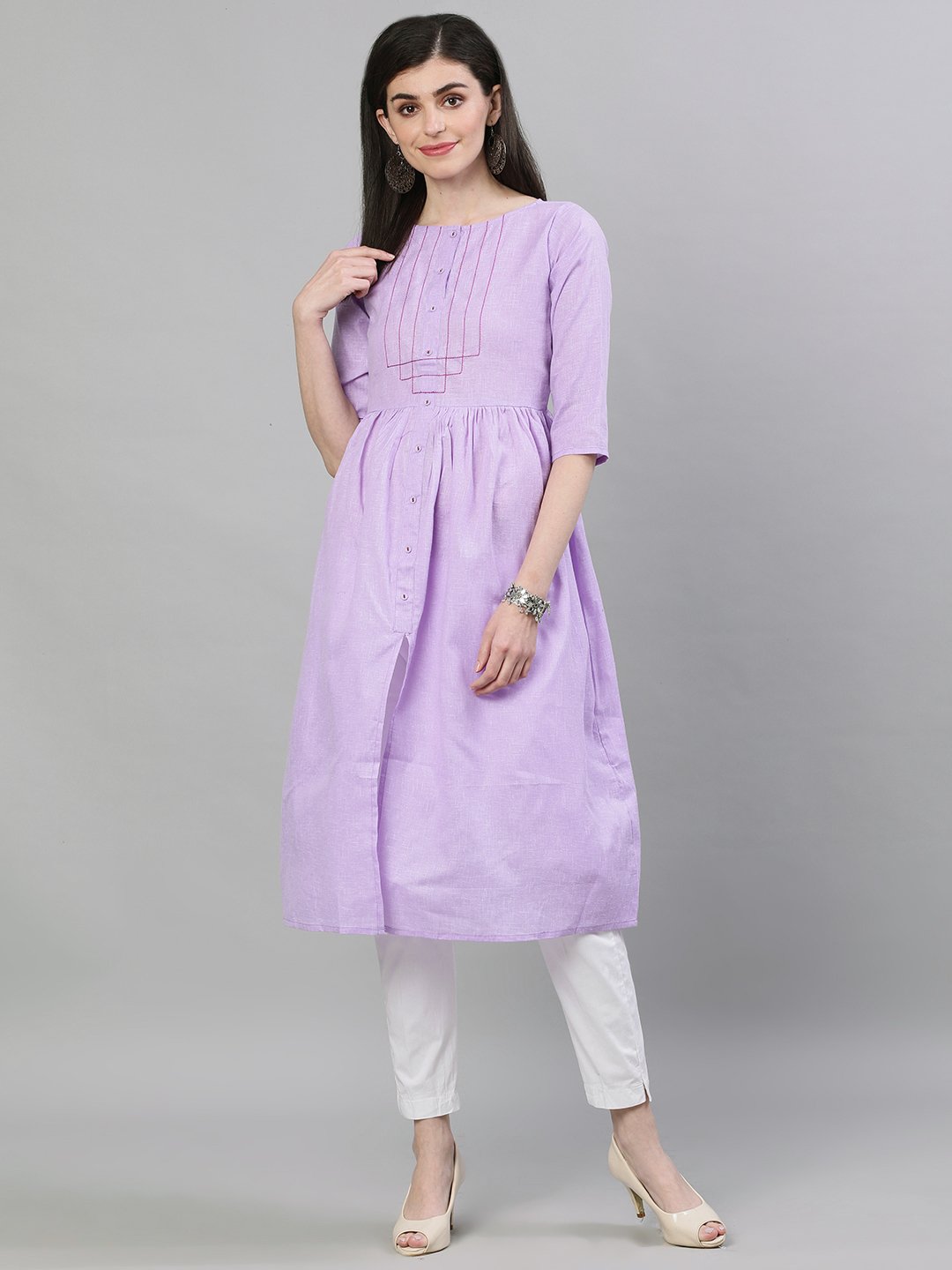 Women Lavender Calf Length Three-Quarter Sleeves A-Line Solid Solid Cotton Kurta | LASVINI - Redefining Indian Fashion with Elegance