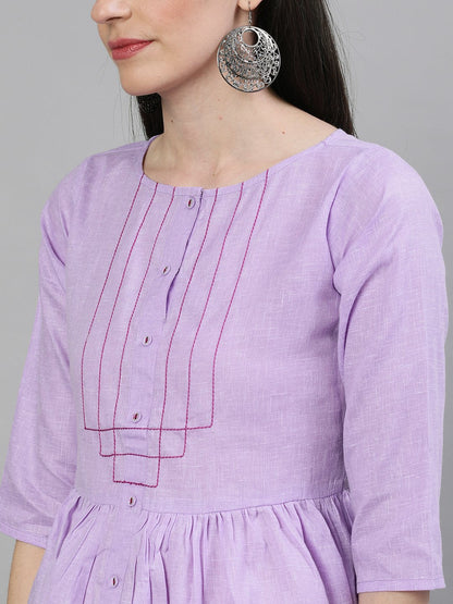 Women Lavender Calf Length Three-Quarter Sleeves A-Line Solid Solid Cotton Kurta | LASVINI - Redefining Indian Fashion with Elegance