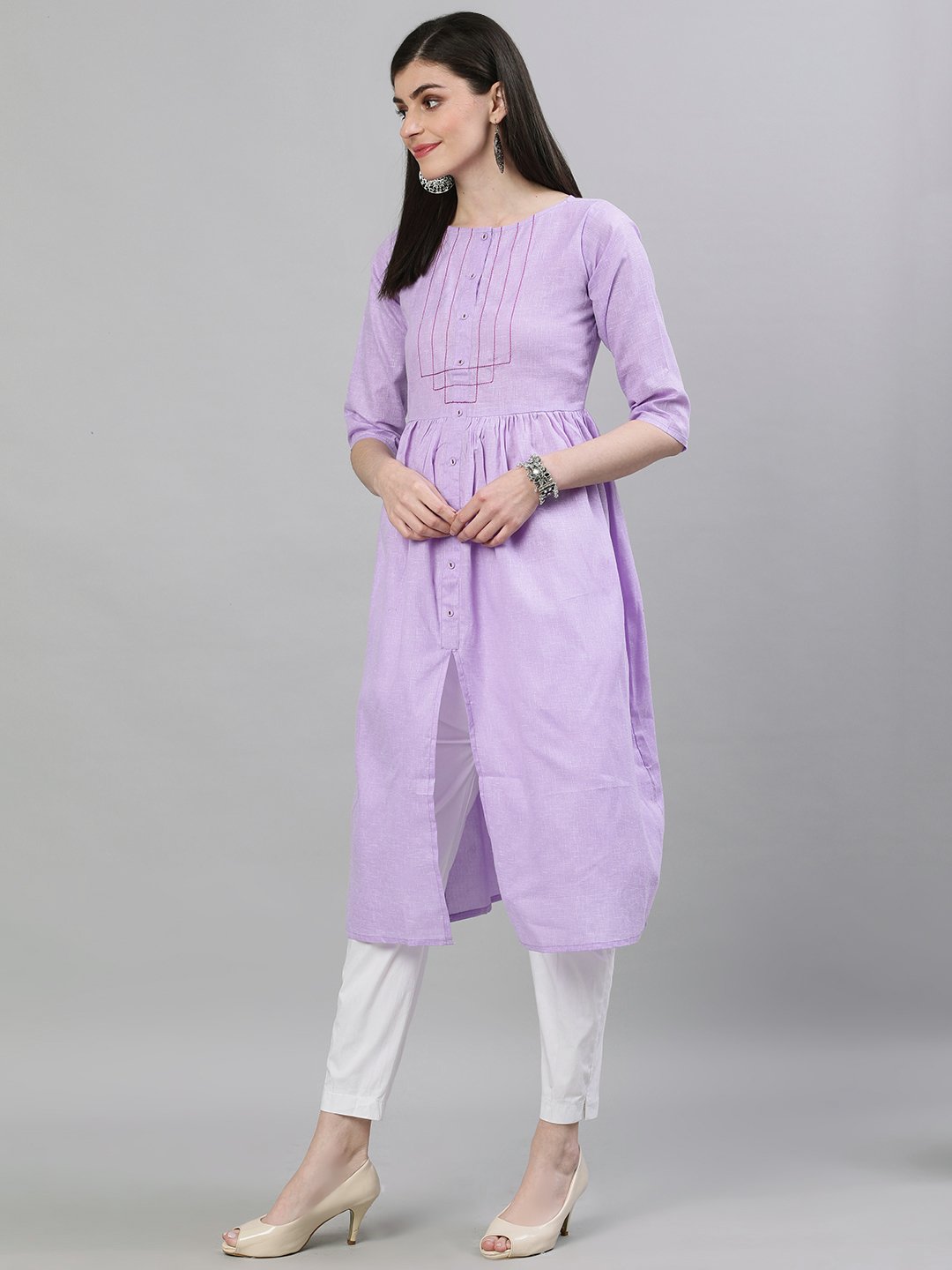 Women Lavender Calf Length Three-Quarter Sleeves A-Line Solid Solid Cotton Kurta | LASVINI - Redefining Indian Fashion with Elegance