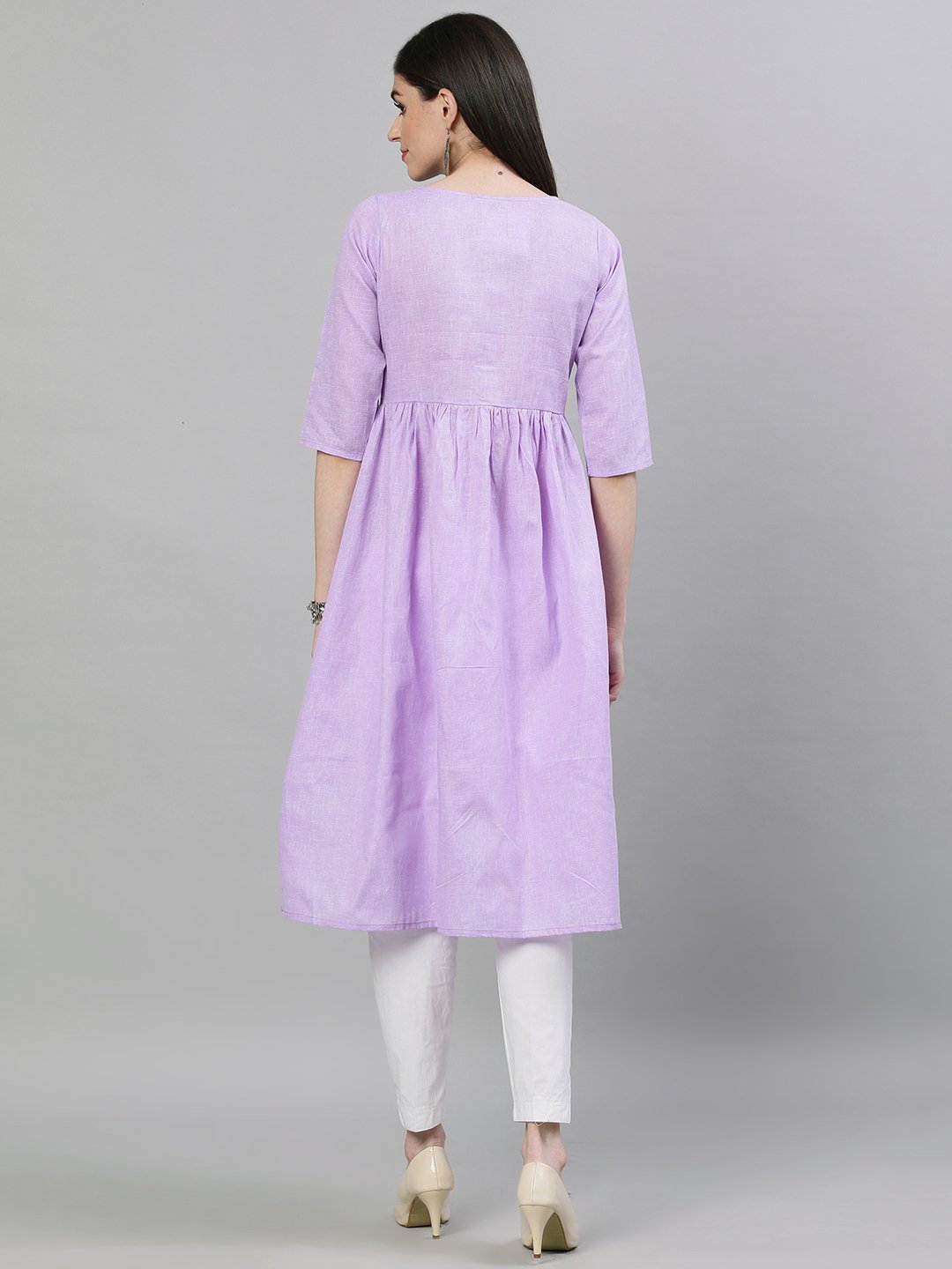 Women Lavender Calf Length Three-Quarter Sleeves A-Line Solid Solid Cotton Kurta | LASVINI - Redefining Indian Fashion with Elegance