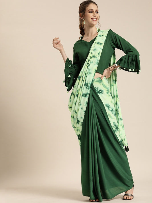 Green Dyed Pure Cotton Saree With Semi-Stitched Blouse | LASVINI - Redefining Indian Fashion with Elegance