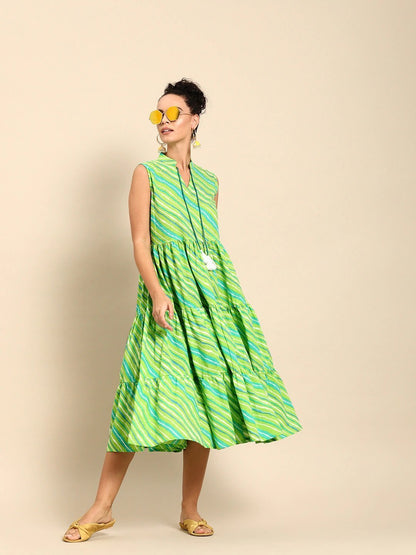 Women Green Calf Length Sleeveless A-Line Leheriya Striped Cotton Kurta | LASVINI - Redefining Indian Fashion with Elegance