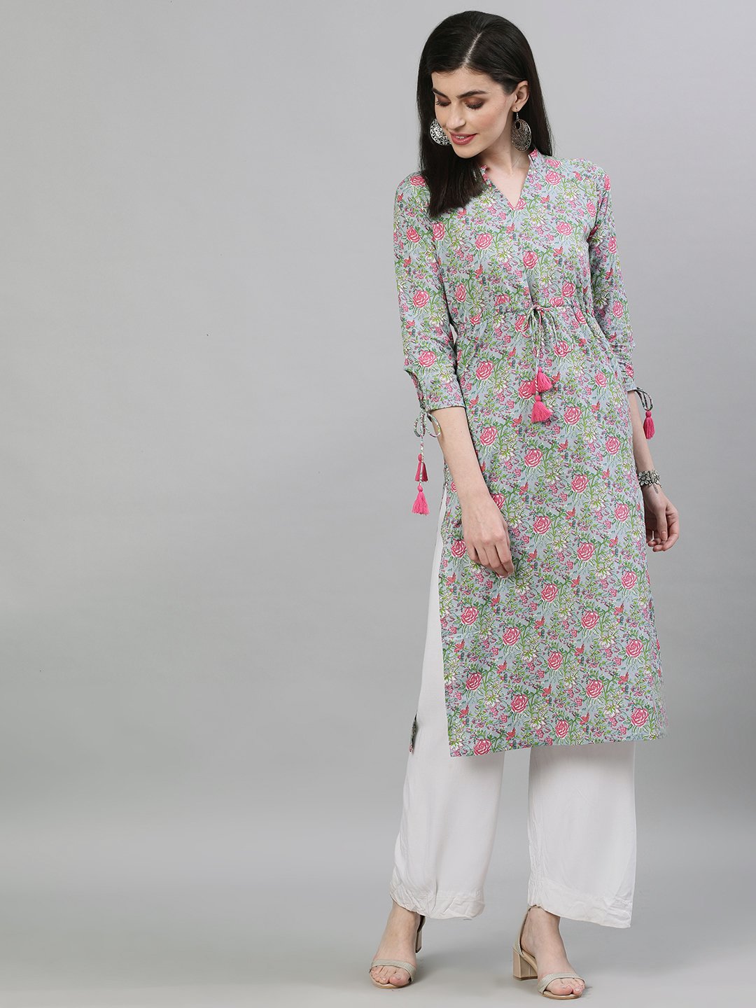 Women Light Grey Calf Length Three-Quarter Sleeves A-Line Floral Printed Cotton Kurta | LASVINI - Redefining Indian Fashion with Elegance