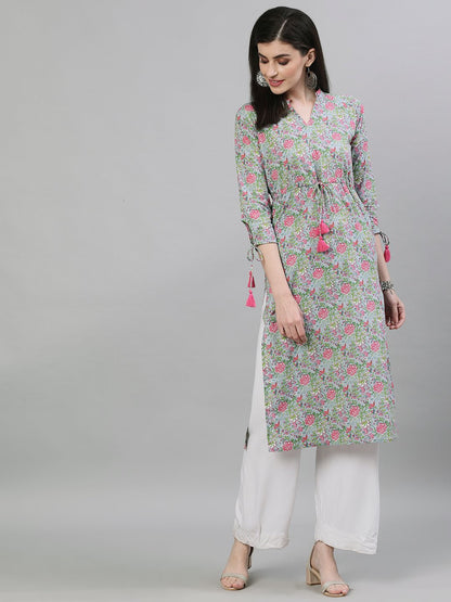 Women Light Grey Calf Length Three-Quarter Sleeves A-Line Floral Printed Cotton Kurta | LASVINI - Redefining Indian Fashion with Elegance