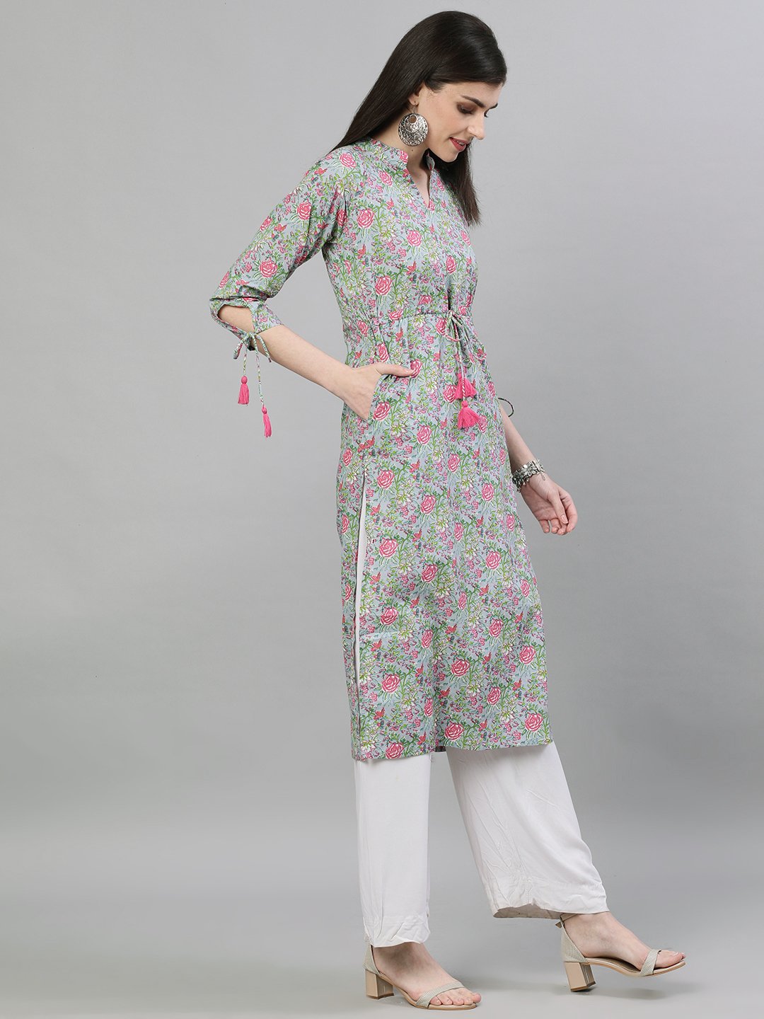 Women Light Grey Calf Length Three-Quarter Sleeves A-Line Floral Printed Cotton Kurta | LASVINI - Redefining Indian Fashion with Elegance