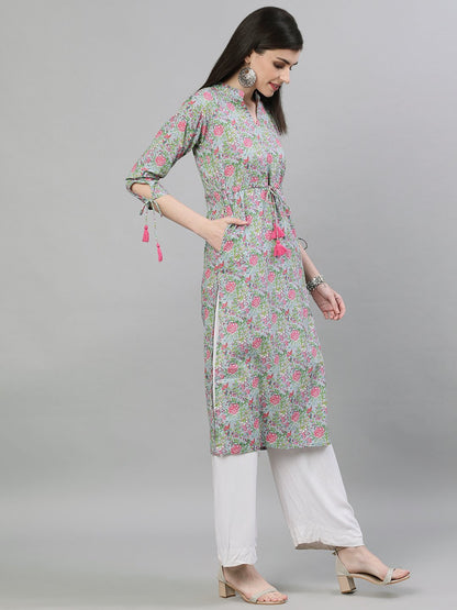 Women Light Grey Calf Length Three-Quarter Sleeves A-Line Floral Printed Cotton Kurta | LASVINI - Redefining Indian Fashion with Elegance