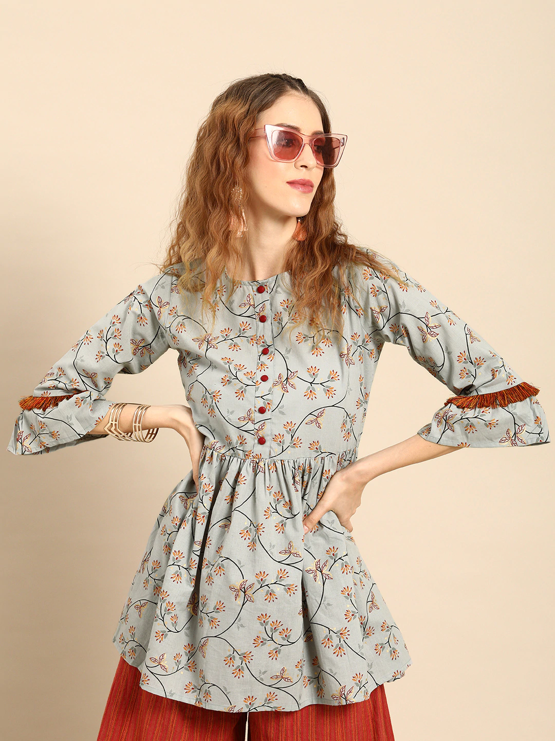 Women Grey  Printed Flared Floral Knitted Pure Cotton Kurti | LASVINI - Redefining Indian Fashion with Elegance