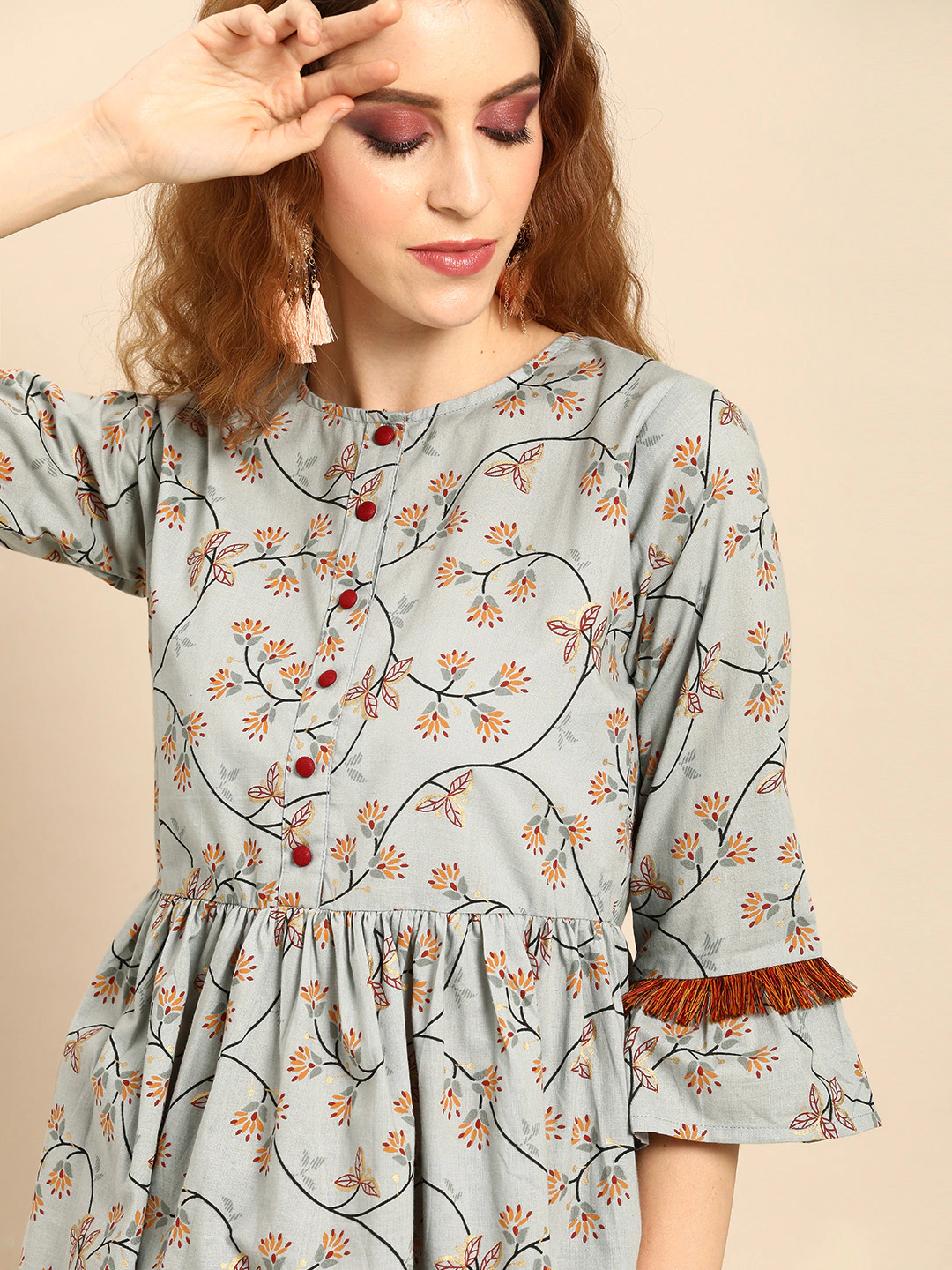 Women Grey  Printed Flared Floral Knitted Pure Cotton Kurti | LASVINI - Redefining Indian Fashion with Elegance