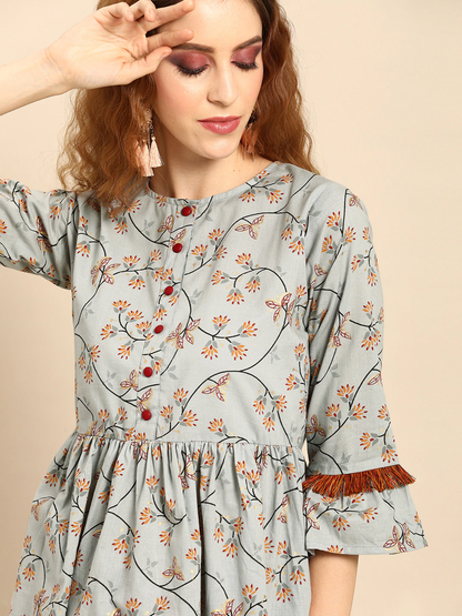 Women Grey  Printed Flared Floral Knitted Pure Cotton Kurti | LASVINI - Redefining Indian Fashion with Elegance