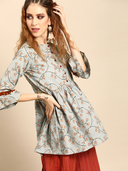 Women Grey  Printed Flared Floral Knitted Pure Cotton Kurti | LASVINI - Redefining Indian Fashion with Elegance
