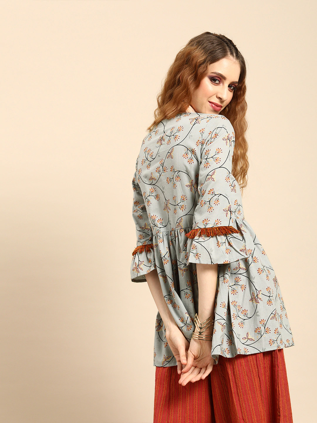 Women Grey  Printed Flared Floral Knitted Pure Cotton Kurti | LASVINI - Redefining Indian Fashion with Elegance