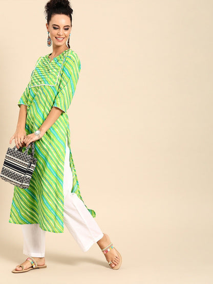 Women Green Three-Quarter Sleeves Striped Straight Pure Cotton Kurta With Palazzo Set | LASVINI - Redefining Indian Fashion with Elegance