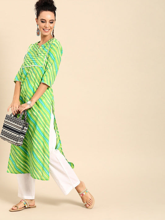 Women Green Three-Quarter Sleeves Striped Straight Pure Cotton Kurta With Palazzo Set | LASVINI - Redefining Indian Fashion with Elegance