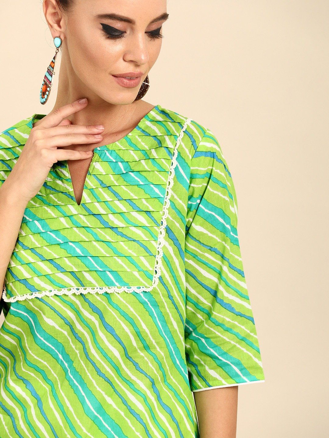 Women Green Three-Quarter Sleeves Striped Straight Pure Cotton Kurta With Palazzo Set | LASVINI - Redefining Indian Fashion with Elegance