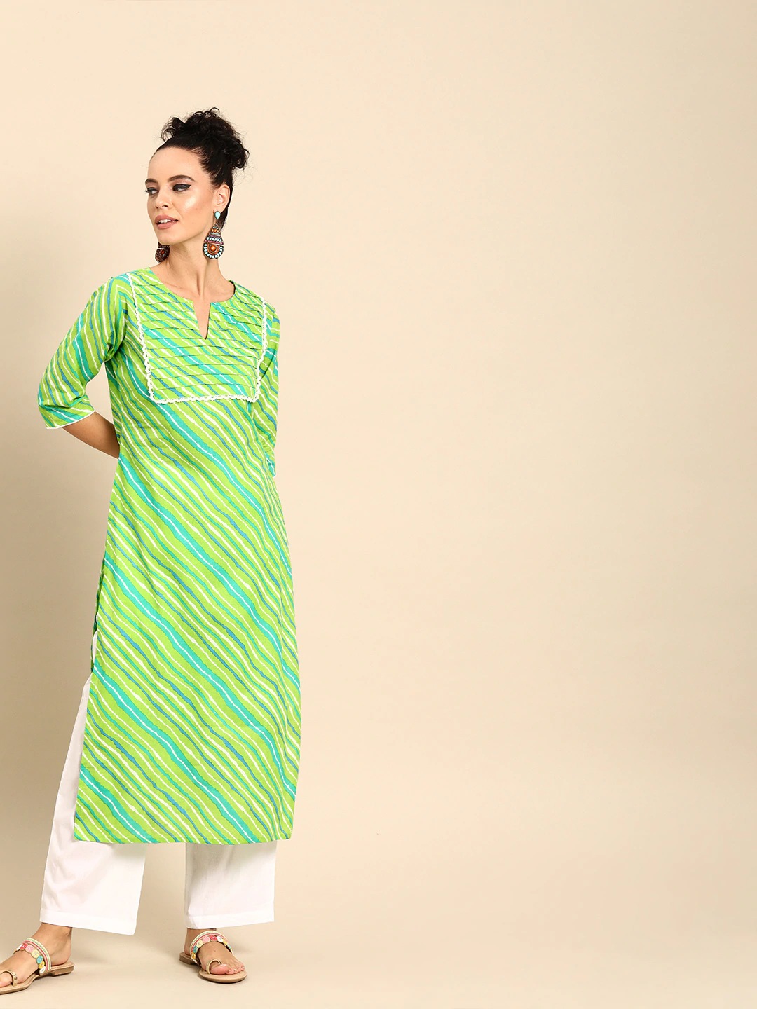 Women Green Three-Quarter Sleeves Striped Straight Pure Cotton Kurta With Palazzo Set | LASVINI - Redefining Indian Fashion with Elegance