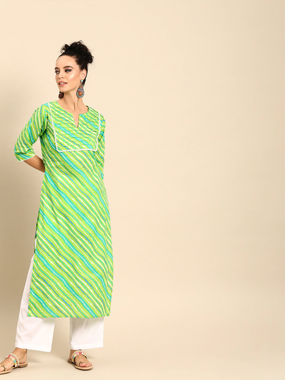Women Green Three-Quarter Sleeves Striped Straight Pure Cotton Kurta With Palazzo Set | LASVINI - Redefining Indian Fashion with Elegance