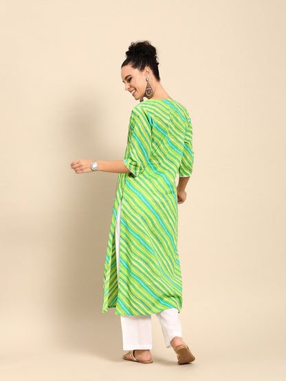 Women Green Three-Quarter Sleeves Striped Straight Pure Cotton Kurta With Palazzo Set | LASVINI - Redefining Indian Fashion with Elegance