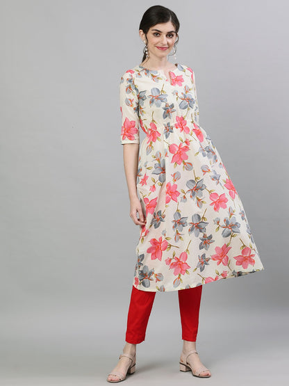Women Cream Calf Length Three-Quarter Sleeves A-Line Floral Printed Cotton Kurta | LASVINI - Redefining Indian Fashion with Elegance