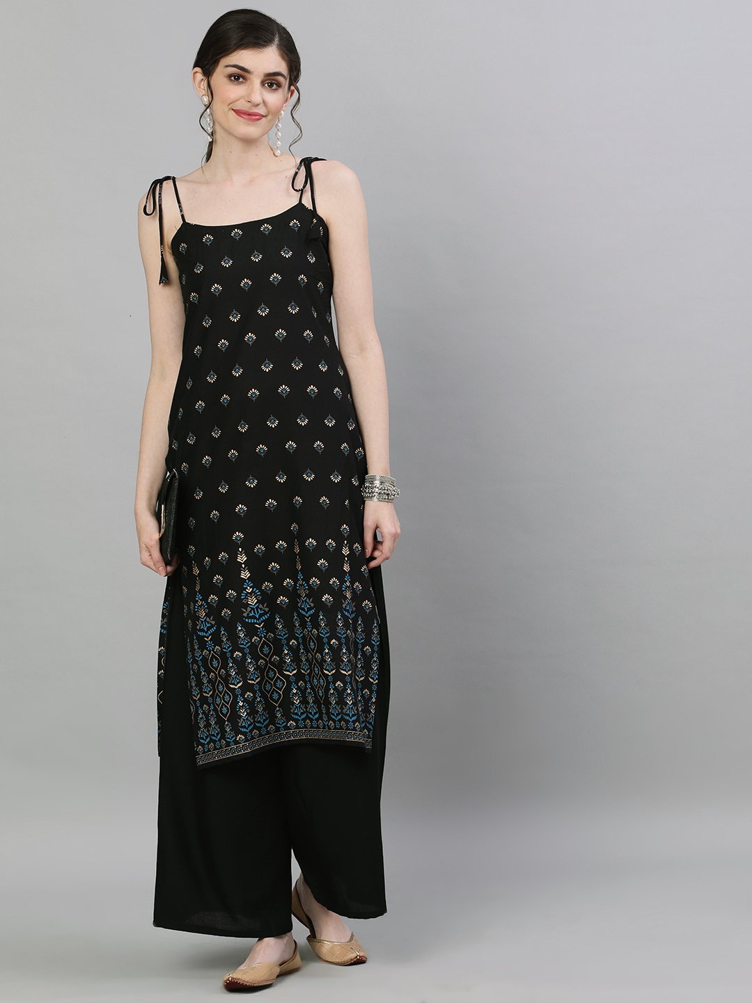 Women Black Calf Length Sleeveless Straight Ethnic Motifs Printed Cotton Kurta | LASVINI - Redefining Indian Fashion with Elegance