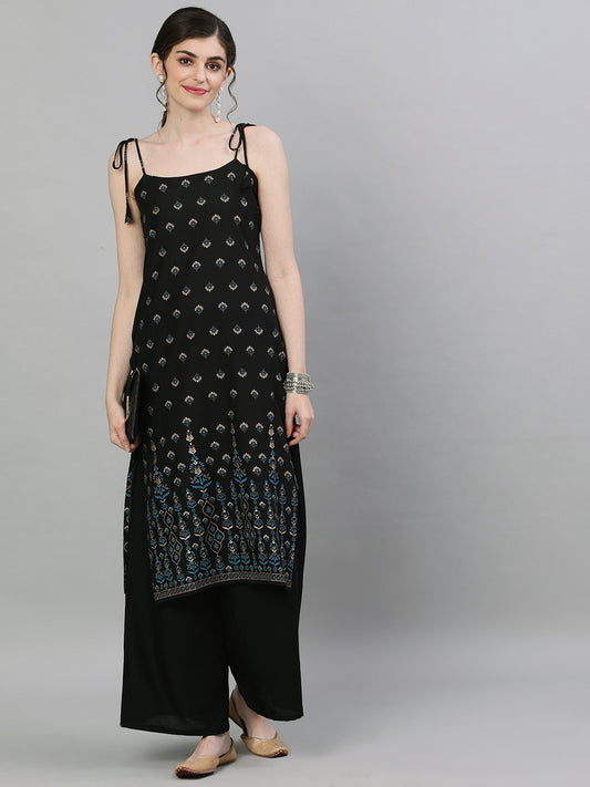 Women Black Calf Length Sleeveless Straight Ethnic Motifs Printed Cotton Kurta | LASVINI - Redefining Indian Fashion with Elegance