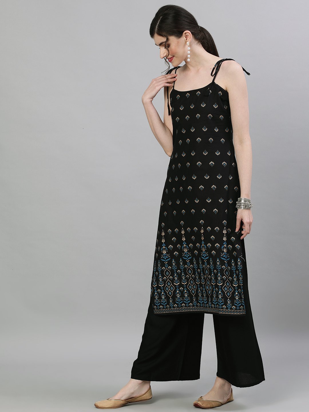 Women Black Calf Length Sleeveless Straight Ethnic Motifs Printed Cotton Kurta | LASVINI - Redefining Indian Fashion with Elegance