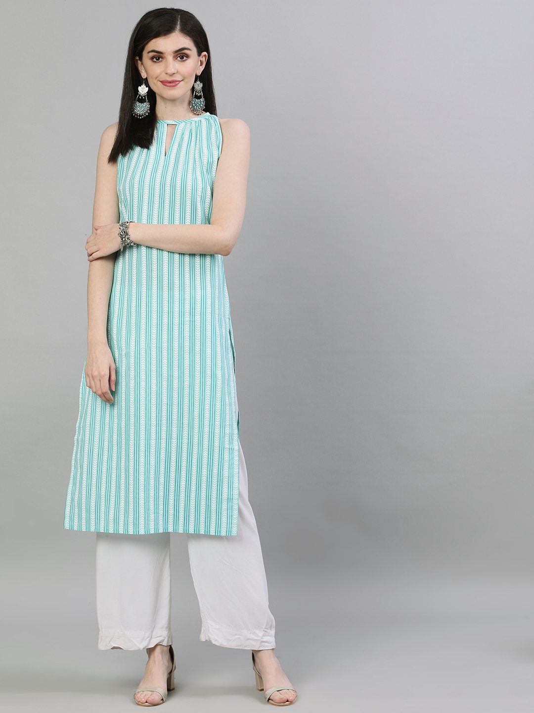 Women Aqua Green Calf Length Sleeveless Straight Striped Printed Cotton Kurta | LASVINI - Redefining Indian Fashion with Elegance