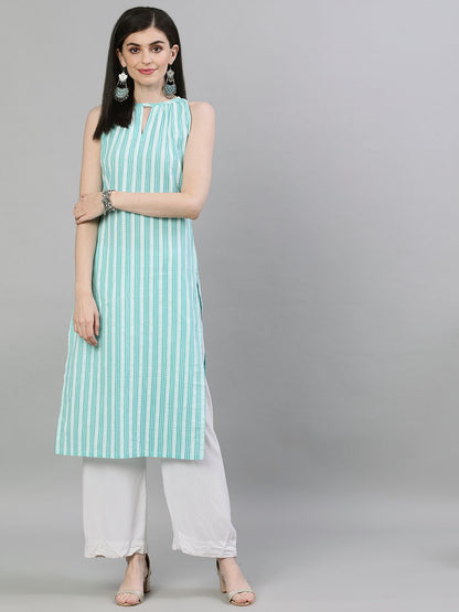 Women Aqua Green Calf Length Sleeveless Straight Striped Printed Cotton Kurta | LASVINI - Redefining Indian Fashion with Elegance