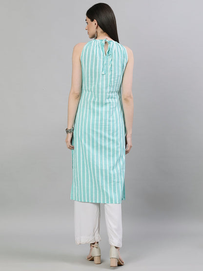 Women Aqua Green Calf Length Sleeveless Straight Striped Printed Cotton Kurta | LASVINI - Redefining Indian Fashion with Elegance