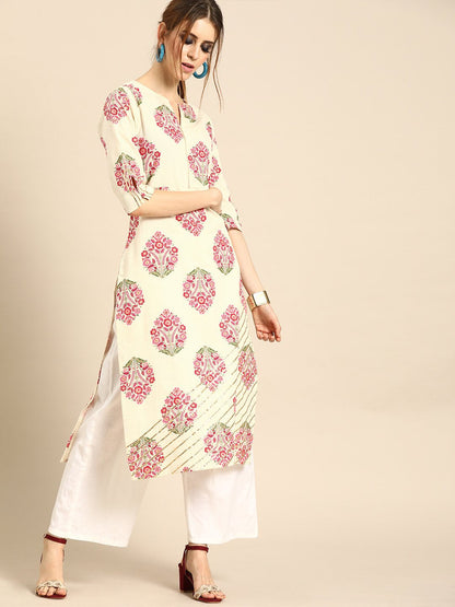 Women Cream Calf Length Three-Quarter Sleeves Straight Ethnic Motifs Printed Cotton Kurta | LASVINI - Redefining Indian Fashion with Elegance