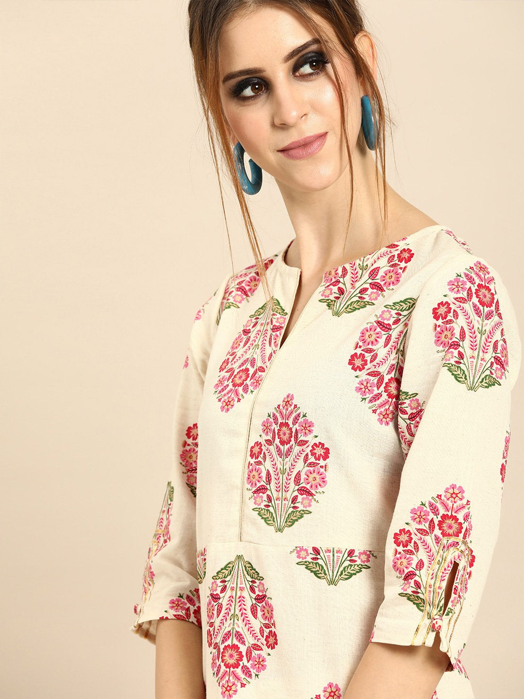 Women Cream Calf Length Three-Quarter Sleeves Straight Ethnic Motifs Printed Cotton Kurta | LASVINI - Redefining Indian Fashion with Elegance