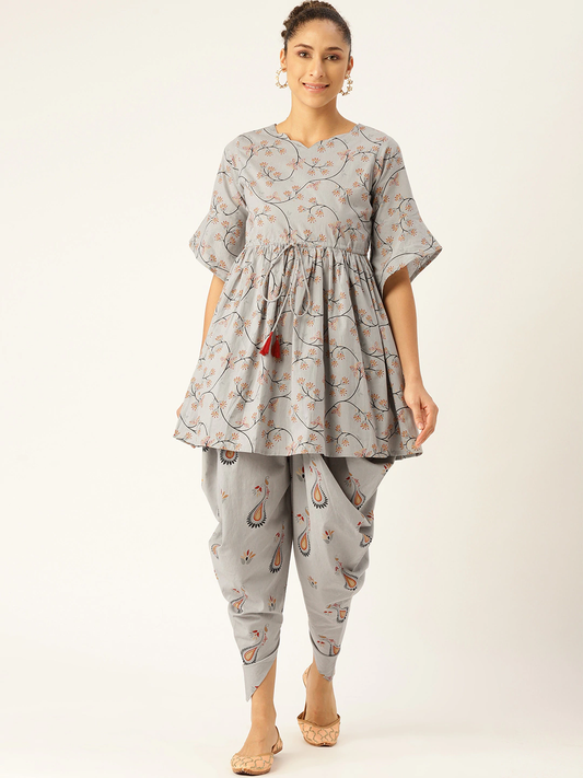 Women Grey Three-Quarter Sleeves Flared Kurta And Dhoti Set | LASVINI - Redefining Indian Fashion with Elegance